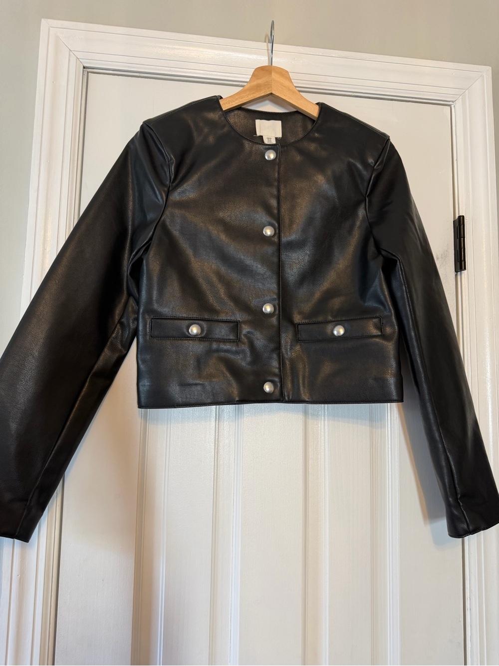 H&M Black Faux Leather Snap-Front Crop Jacket